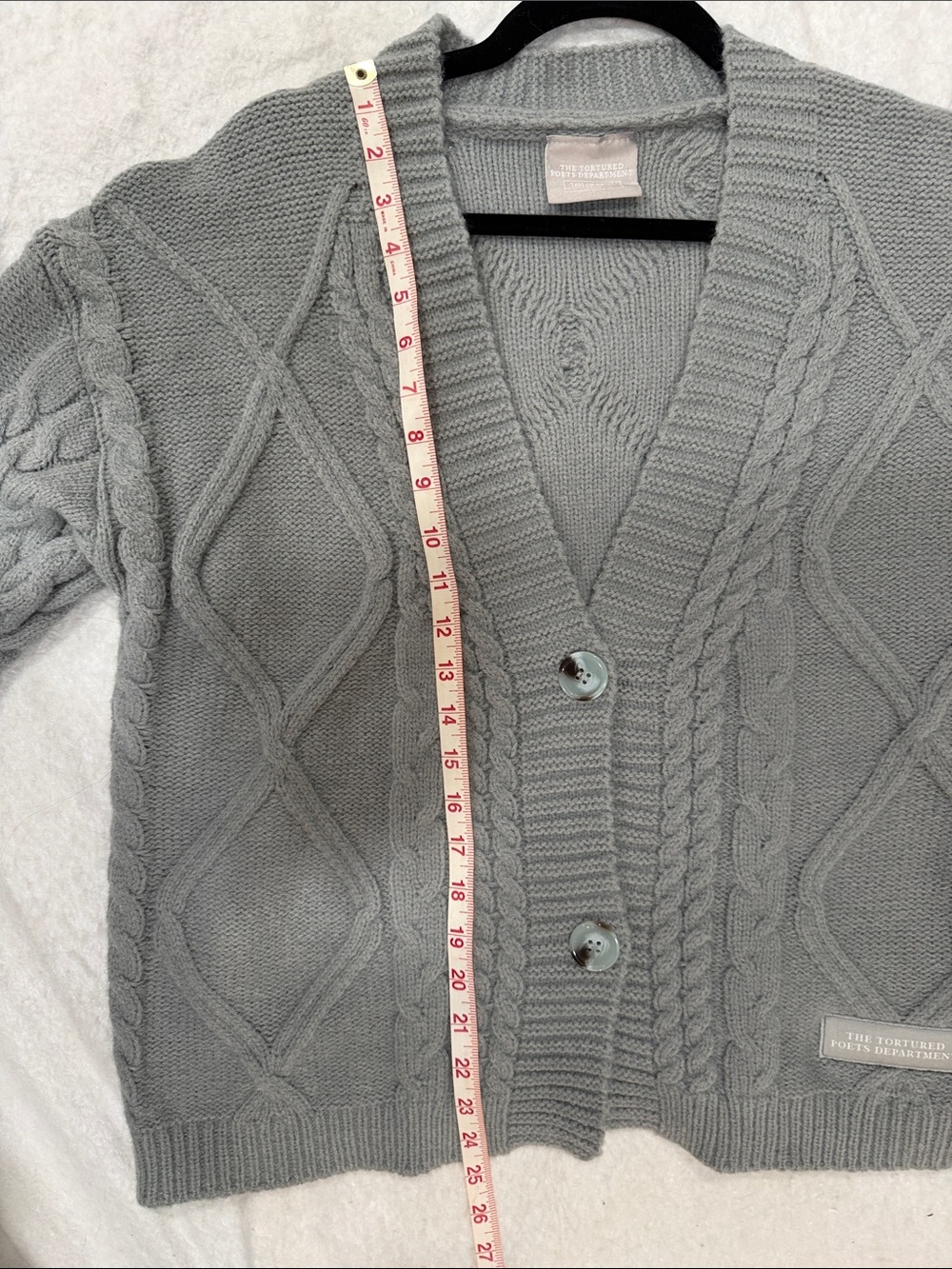 Taylor Swift Official Tortured Poets Society Light Gray Braided Cable Cardigan - Picture 5 of 7
